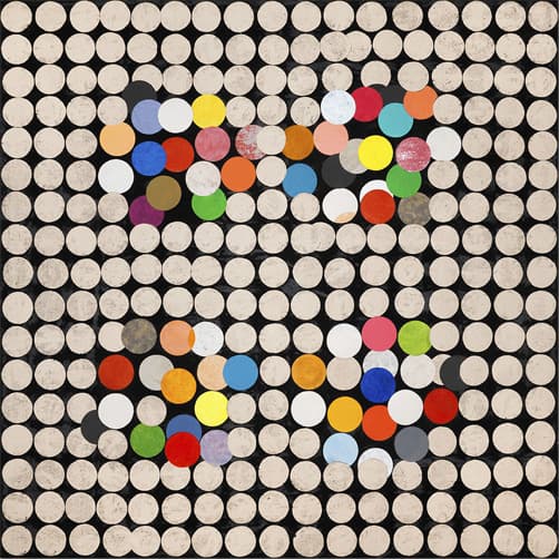 From the Series "Happiness", 2018. A dense grid of small colored dots, mixed media decollage on canvas, 150 x 150 cm.