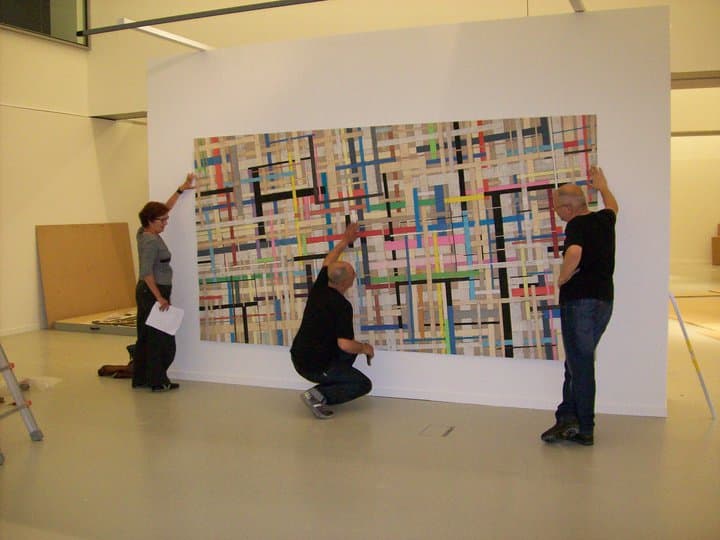 Old Story, 2003 to 2015. Mixed media on handmade paper, 270 x 432 cm. Installation view at Stiftung Reinbeckhallen, Berlin, 2024.