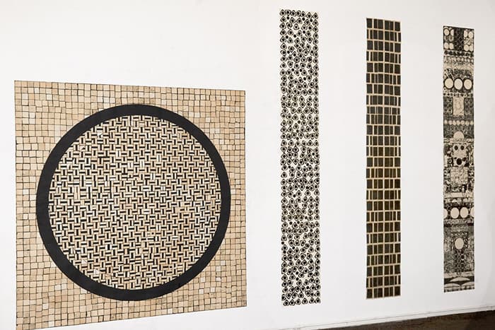 Interior of the studio, Berlin, 2021. Works in progress visible against the wall.